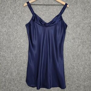 Vtg California Dynasty Nightgown Womens M Navy Satin Rose Chemise Slip Dress
